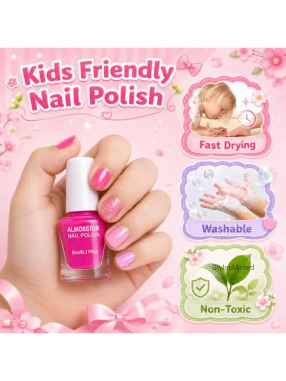 Kids Water-Based Nail Polish Set, Quick Dry Non-Toxic, 10 Pieces